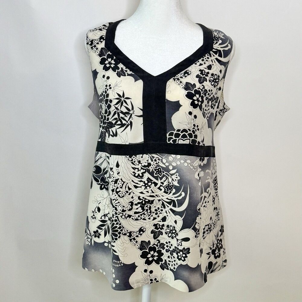 MIMI Maternity Sleeveless Silk V-Neck  Top Shirt Women's L Black White Floral